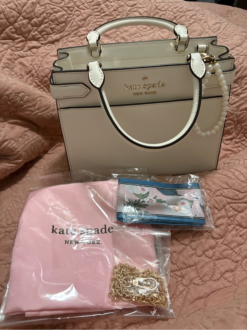 kate spade Cream Leather Top-Handle Satchel with Pearl Charm - Picture 8 of 10